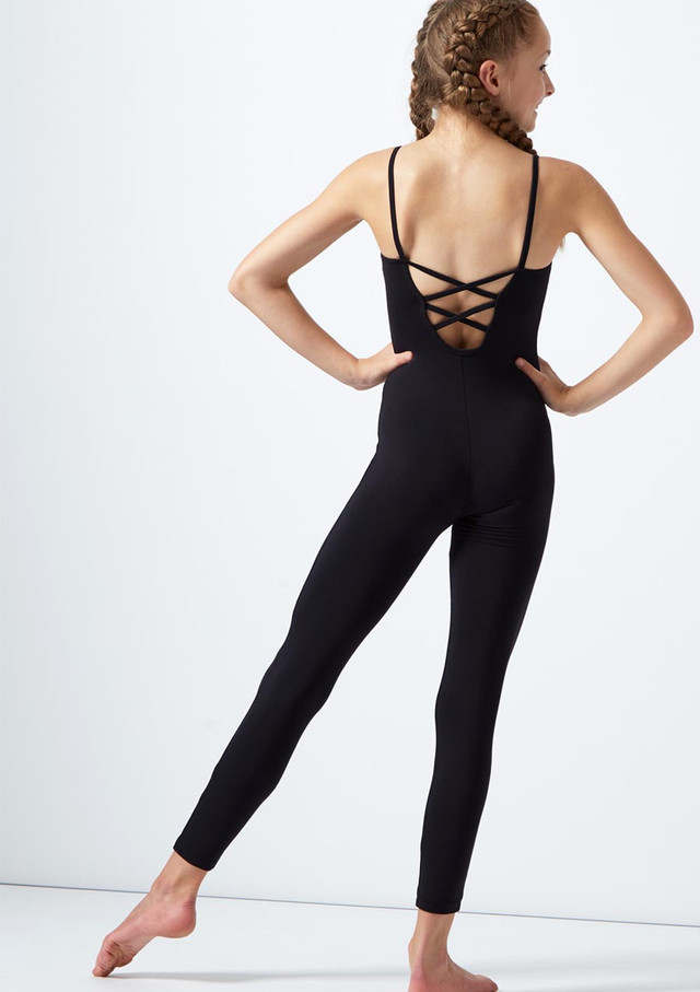 Move Dance Kayla Teen Cross Strap Scoop Back Catsuit Black Back [Black]